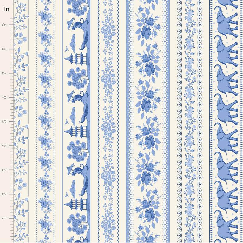 Tilda Something Blue, Borders Blue, tessuto con diversi tipi di bordi azzurri su fondo crema Tilda Fabrics - 1