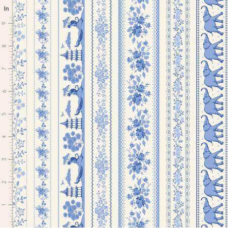 Tilda Something Blue, Borders Blue, tessuto con diversi tipi di bordi azzurri su fondo crema Tilda Fabrics - 1