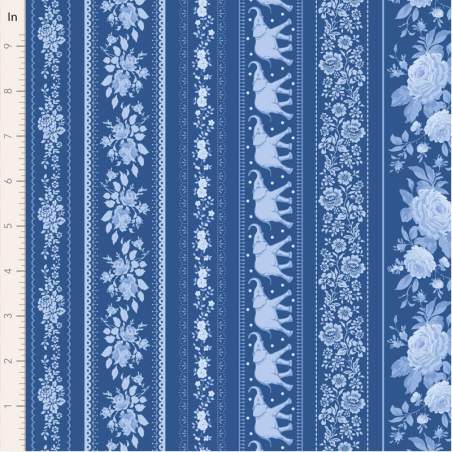 Tilda Something Blue, Borders Night, tessuto con diversi tipi di bordi azzurri su fondo blu Tilda Fabrics - 1