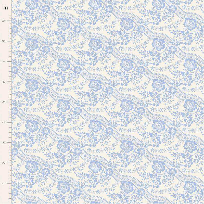 Tilda Something Blue, Celeste Sky, tessuto con fiori e piccoli bordi azzurri su fondo crema Tilda Fabrics - 1