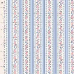 Tilda Something Blue, Claramay Blue, tessuto con righe verticali blu e bordo di fiori rosa su fondo crema Tilda Fabrics - 1