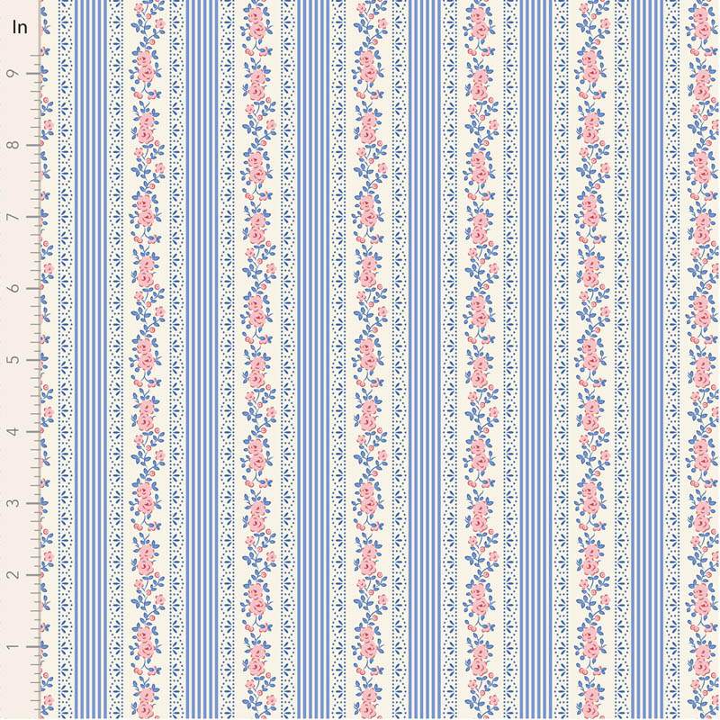 Tilda Something Blue, Claramay Blue, tessuto con righe verticali blu e bordo di fiori rosa su fondo crema Tilda Fabrics - 1