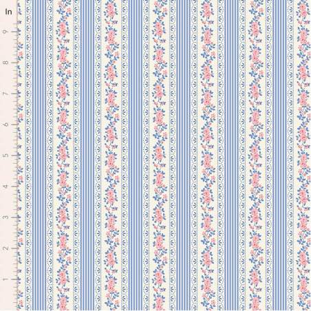 Tilda Something Blue, Claramay Blue, tessuto con righe verticali blu e bordo di fiori rosa su fondo crema Tilda Fabrics - 1