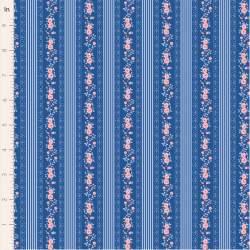 Tilda Something Blue, Claramay Denim, tessuto con righe verticali azzurre e bordo di fiori rosa su fondo blu Tilda Fabrics - 1