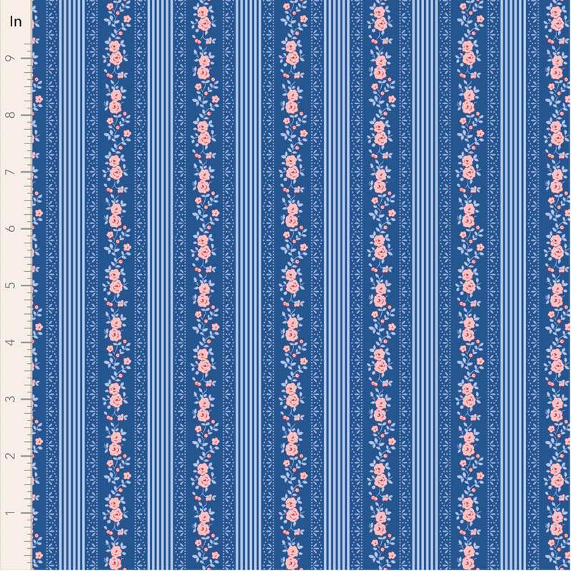 Tilda Something Blue, Claramay Denim, tessuto con righe verticali azzurre e bordo di fiori rosa su fondo blu Tilda Fabrics - 1