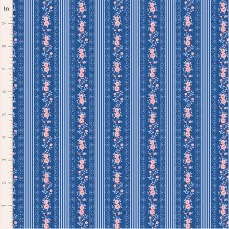 Tilda Something Blue, Claramay Denim, tessuto con righe verticali azzurre e bordo di fiori rosa su fondo blu Tilda Fabrics - 1