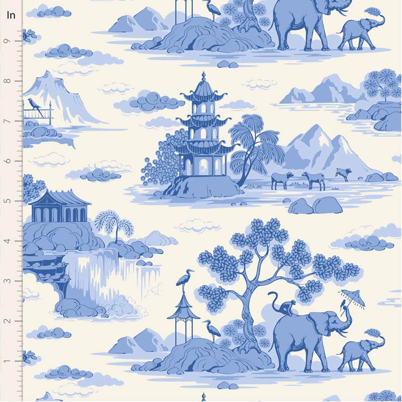 Tilda Something Blue, Cottonview Cream, tessuto con paesaggi orientali  su fondo crema Tilda Fabrics - 1