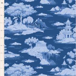 Tilda Something Blue, Cottonview Night, tessuto con paesaggi orientali  su fondo blu Tilda Fabrics - 1