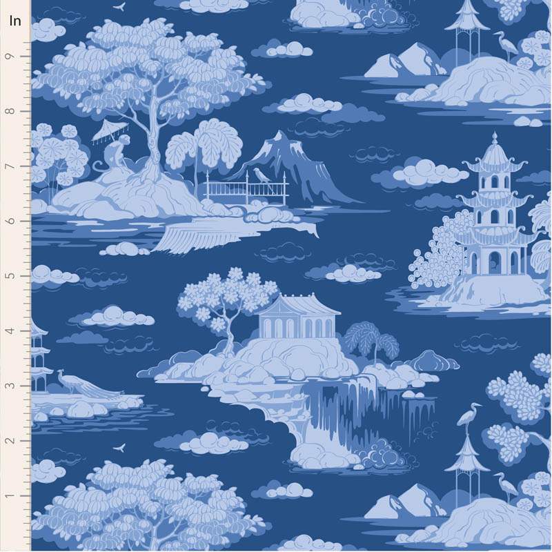 Tilda Something Blue, Cottonview Night, tessuto con paesaggi orientali  su fondo blu Tilda Fabrics - 1