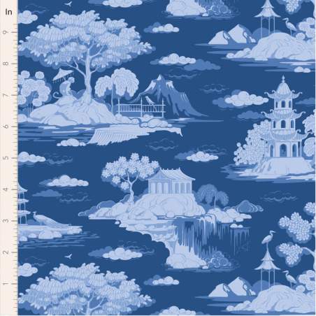 Tilda Something Blue, Cottonview Night, tessuto con paesaggi orientali  su fondo blu Tilda Fabrics - 1