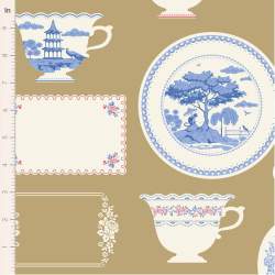 Tilda Something Blue, Labels and Ornaments Ochre, tessuto con etichette e disegni ornamentali  su fondo ocra Tilda Fabrics - 1