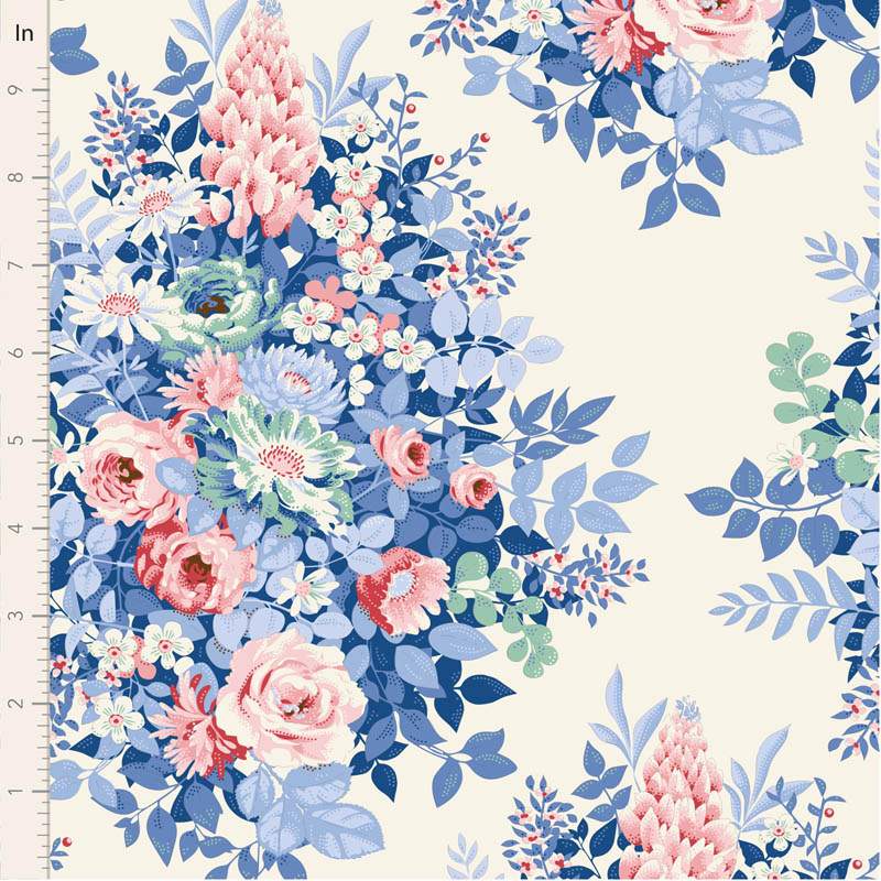 Tilda Something Blue, Whimsyflower Cream, tessuto con grandi fiori rosa e azzurri su fondo crema Tilda Fabrics - 1