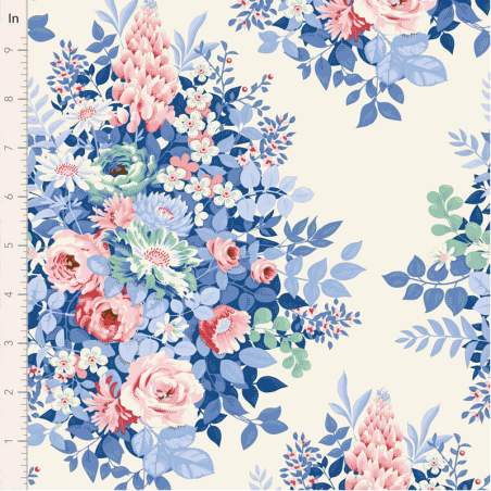 Tilda Something Blue, Whimsyflower Cream, tessuto con grandi fiori rosa e azzurri su fondo crema Tilda Fabrics - 1