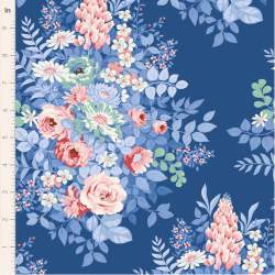 Tilda Something Blue, Whimsyflower Night, tessuto con grandi fiori rosa e azzurri su fondo blu Tilda Fabrics - 1