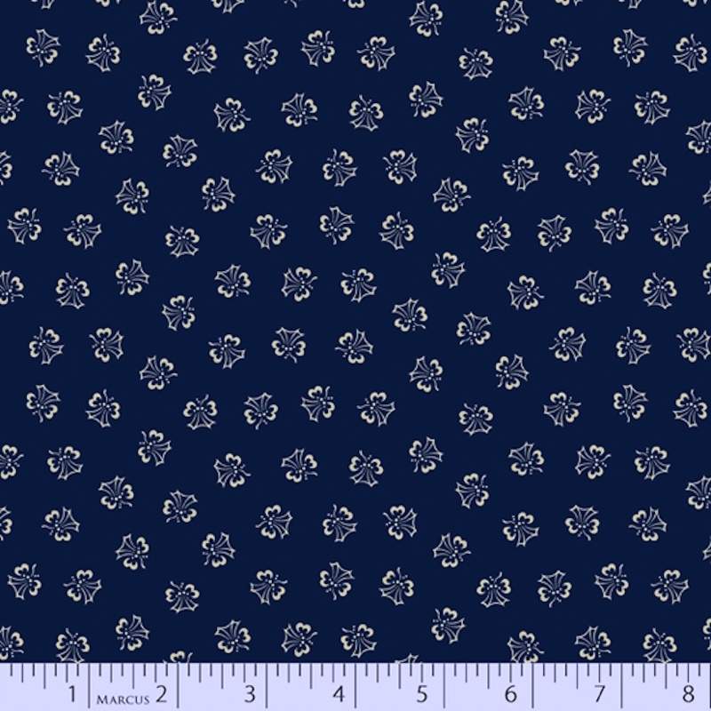 Marcus Fabrics, Tulip Dance, Mood in Blue Collection, di Paula Barnes- Tessuto Blu Scuro con piccoli disegni beige Marcus Fabric