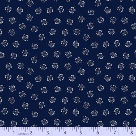 Marcus Fabrics, Tulip Dance, Mood in Blue Collection, di Paula Barnes- Tessuto Blu Scuro con piccoli disegni beige Marcus Fabric
