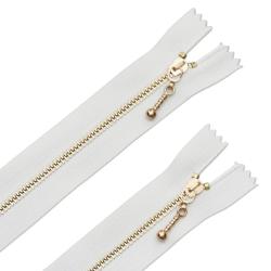 2 Cerniere Zip da 20 cm con cursore a goccia - Colore Oro su Bianco Zakka Workshop - zoom su cerniere ruotate