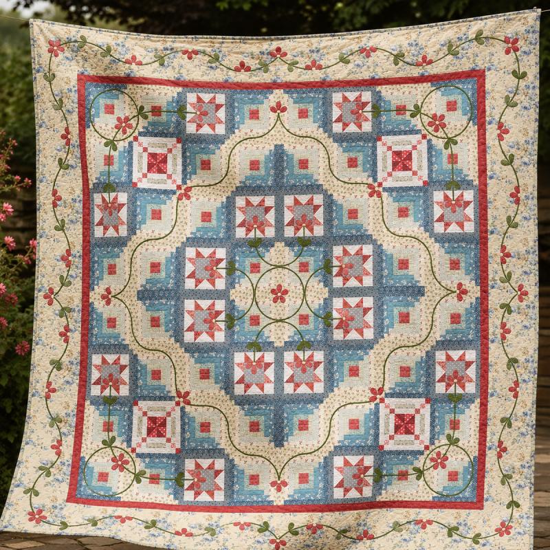 A Log Cabin in Bloom, Quilt Mystery 2026 Roberta De Marchi - Quilt finito con applicazioni