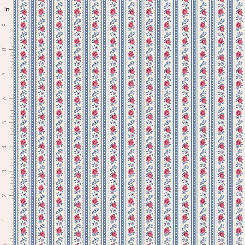 Tilda Village Life Agnes Blue, Tessuto Panna con Strisce Blu e Rose Tilda Fabrics - 1