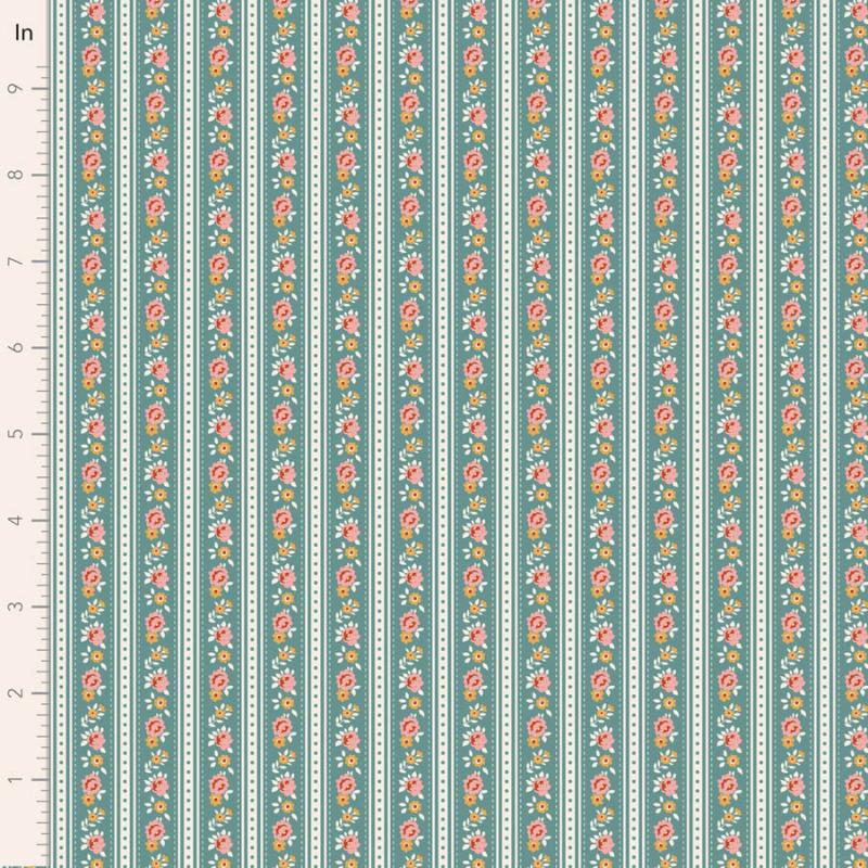 Tilda Village Life Agnes Teal, Tessuto Azzurro Teal con Strisce Teal e Rose Tilda Fabrics - 1