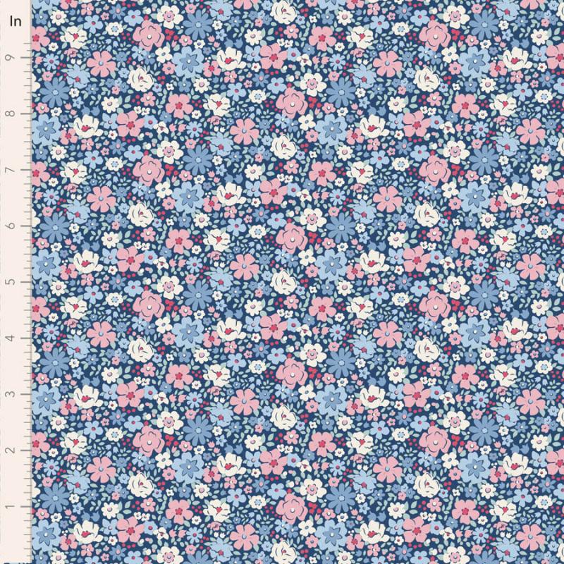 Tilda Village Life Esther Blue, Tessuto Blu con piccoli fiori colorati Tilda Fabrics - 1