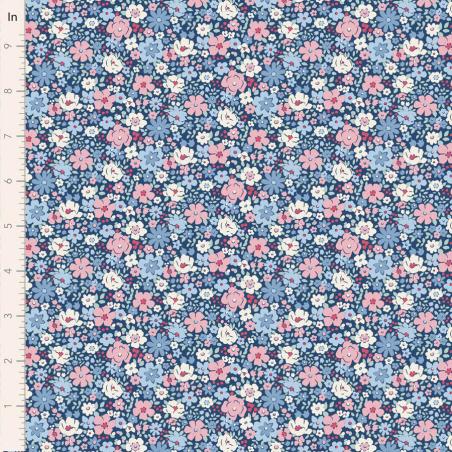 Tilda Village Life Esther Blue, Tessuto Blu con piccoli fiori colorati Tilda Fabrics - 1
