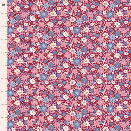 Tilda Village Life Esther Burgundy, Tessuto Bordeaux con piccoli fiori colorati Tilda Fabrics - 1