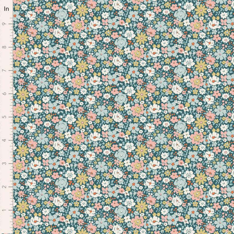 Tilda Village Life Esther Petrol, Tessuto Blu Petrolio con piccoli fiori colorati Tilda Fabrics - 1
