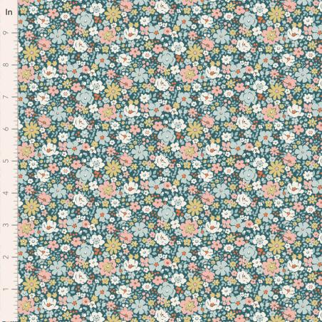 Tilda Village Life Esther Petrol, Tessuto Blu Petrolio con piccoli fiori colorati Tilda Fabrics - 1