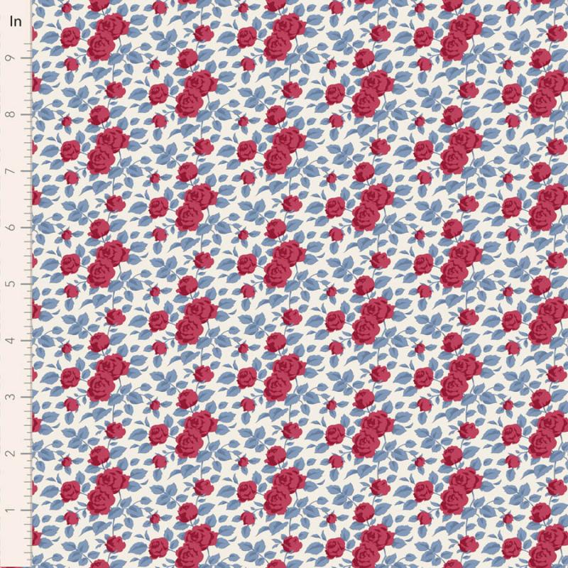 Tilda Village Life Margot Burgundy, Tessuto Panna con Rose Bordeaux e Foglie Teal Tilda Fabrics - 1