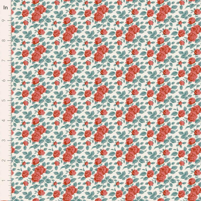 Tilda Village Life Margot Rust, Tessuto Panna con Rose rosse e Foglie Teal Tilda Fabrics - 1