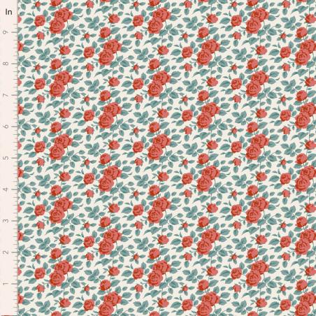 Tilda Village Life Margot Rust, Tessuto Panna con Rose rosse e Foglie Teal Tilda Fabrics - 1