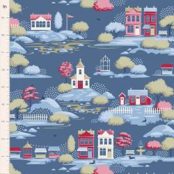 Tilda Village Life Village Blue, Tessuto Blu con Casette e Alberi Tilda Fabrics - 1