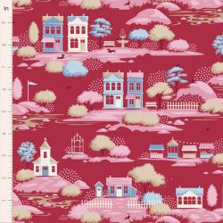 Tilda Village Life Village Burgundy, Tessuto Bordeaux con Casette e Alberi Tilda Fabrics - 1