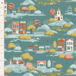 Tilda Village Life Village Teal, Tessuto Azzurro Teal con Casette e Alberi Tilda Fabrics - 1