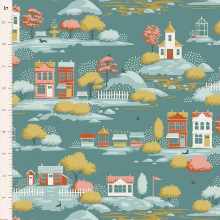 Tilda Village Life Village Teal, Tessuto Azzurro Teal con Casette e Alberi Tilda Fabrics - 1