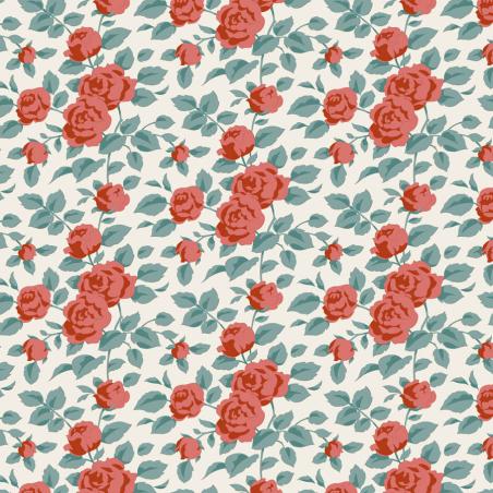 Tilda Village Life Margot Rust, Tessuto Panna con Rose rosse e Foglie Teal Tilda Fabrics - 1