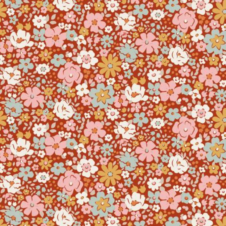 Tilda Village Life Esther Rust, Tessuto Rosso con piccoli fiori colorati Tilda Fabrics - 1