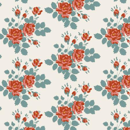 Tilda Village Life Myrtle Teal, Tessuto Panna con Mazzi di Rose e foglie Teal Tilda Fabrics - 1