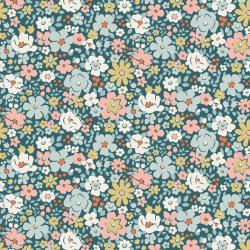 Tilda Village Life Esther Petrol, Tessuto Blu Petrolio con piccoli fiori colorati Tilda Fabrics - 1