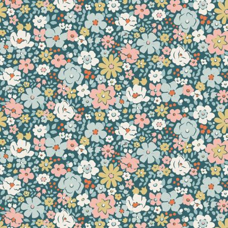 Tilda Village Life Esther Petrol, Tessuto Blu Petrolio con piccoli fiori colorati Tilda Fabrics - 1