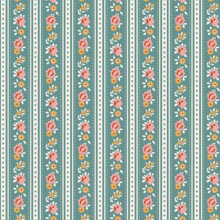 Tilda Village Life Agnes Teal, Tessuto Azzurro Teal con Strisce Teal e Rose Tilda Fabrics - 1