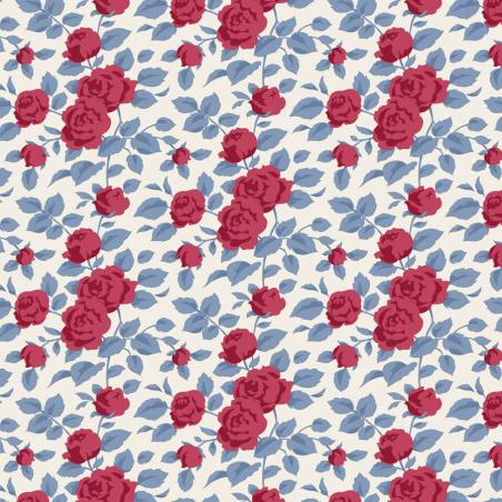 Tilda Village Life Margot Burgundy, Tessuto Panna con Rose Bordeaux e Foglie Teal Tilda Fabrics - 1