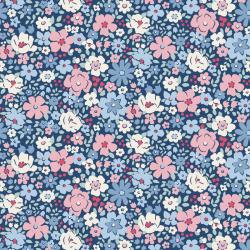 Tilda Village Life Esther Blue, Tessuto Blu con piccoli fiori colorati Tilda Fabrics - 1