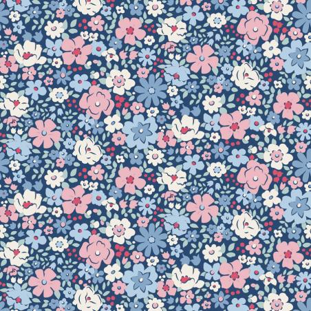 Tilda Village Life Esther Blue, Tessuto Blu con piccoli fiori colorati Tilda Fabrics - 1