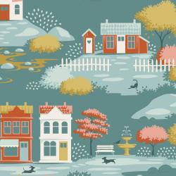 Tilda Village Life Village Teal, Tessuto Azzurro Teal con Casette e Alberi Tilda Fabrics - 1
