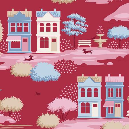 Tilda Village Life Village Burgundy, Tessuto Bordeaux con Casette e Alberi Tilda Fabrics - 1