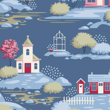 Tilda Village Life Village Blue, Tessuto Blu con Casette e Alberi Tilda Fabrics - 1