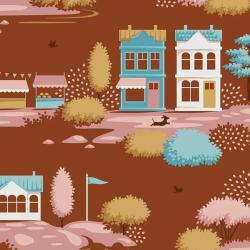 Tilda Village Life Village Rust, Tessuto Rosso con Casette e Alberi