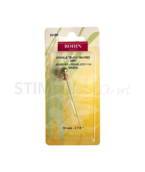 Bohin, Spillo Decorativo Testa con Perla bijou Verde, 70mm - 1pz